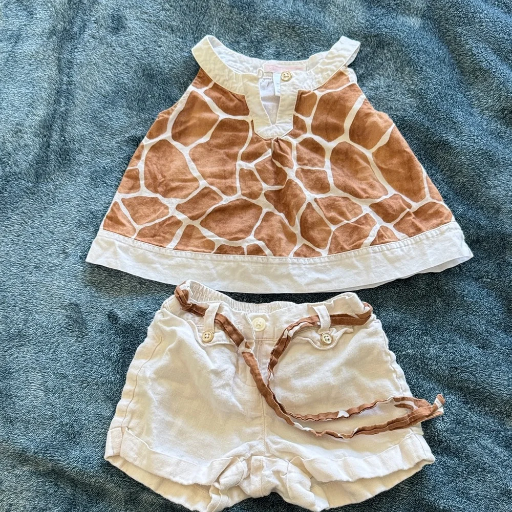 Janie and Jack Brown Giraffe-Print Tank with White Shorts and Brown Sash